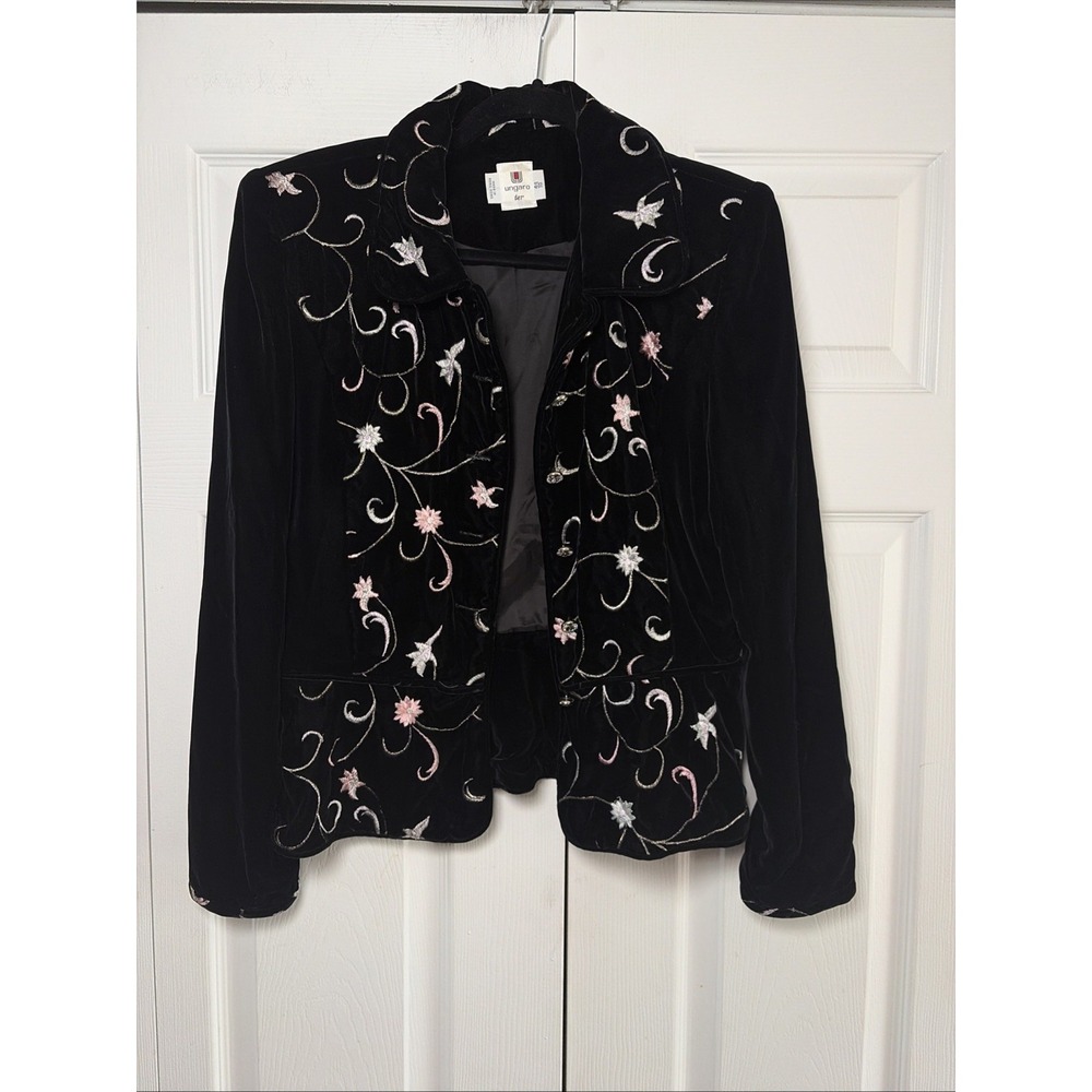 Ungaro Ter Embroidered Velvet Blazer Womens Size 10 Black Floral Vintage Jacket